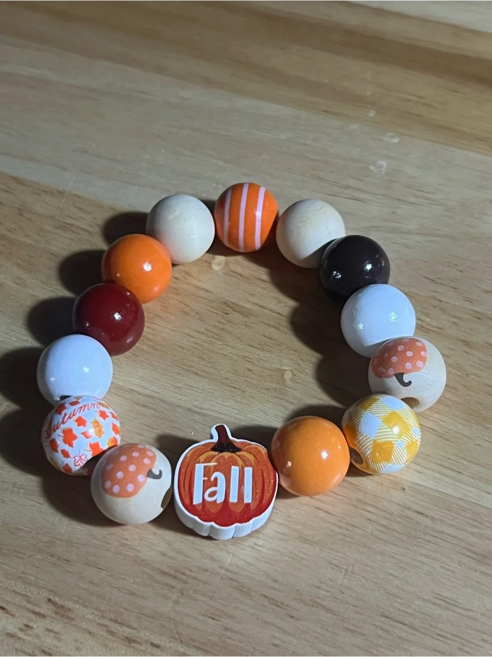 Kids Fall Beaded Stretch Bracelet - Orange, White, Brown B256